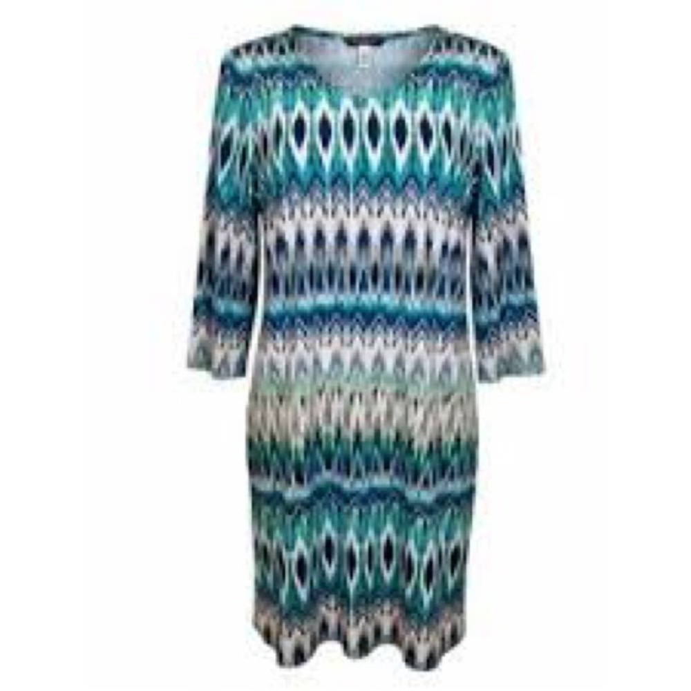 Chicos‎ Multi-Blue Printed Sheath Dress - Women XL 3/4 sleeve